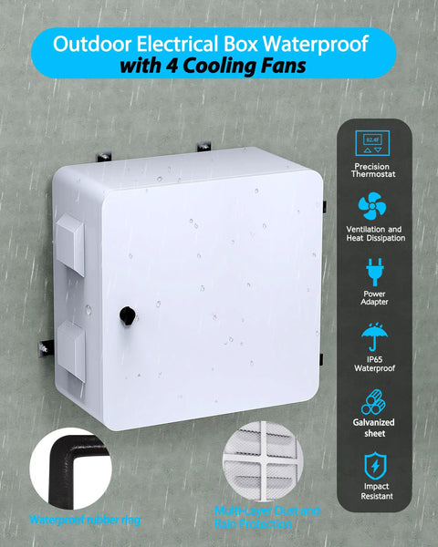 Heavy-Duty 24 X 24 X 12 Inch Galvanized Steel Electrical Junction Box Built Damn Tough With Rock-Solid Double-Layer Spray Coating For Brutal Outdoor Weather And Kick-Ass Wire Management For Pro Jobs, shown mounted outdoors with waterproof features.