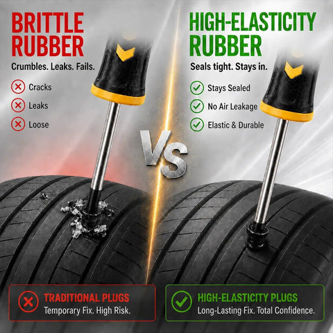 Heavy Duty Tubeless Tire Plug Kit With 61 Durable Rubber Repair Nails And Slick Tools image comparing brittle vs high-elasticity rubber for tire repairs.
