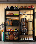 Garage Sports Gear Organizer With Golf Bag Storage Rack Heavy Duty Ball Organizer holds sports items and golf bags in a garage.