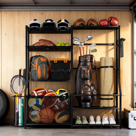 Garage Sports Gear Organizer With Golf Bag Storage Rack Heavy Duty Ball Organizer holds sports items and golf bags in a garage.