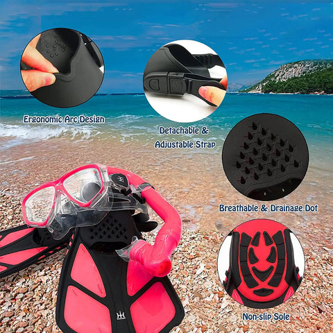 Kid Friendly Snorkel Set With Dry Top Snorkel, Adjustable Fins, Goggles, Mask And Bag For Ages 5 To 14, Anti Leak Gear