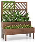 Raised Garden Bed With Trellis And Two Planter Boxes 2 Tier Outdoor Wooden Elevated Planter Box With Legs And Drainage Holes Built To Last From Durable Fir Wood For Flowers Herbs Vegetables And Fruits Brown, filled with plants and flowers.