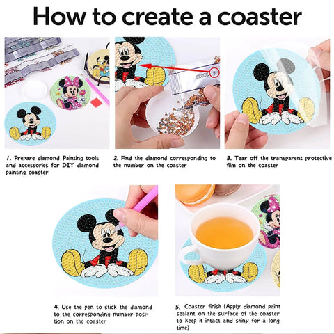 Instructions for creating a DIY diamond art coaster featuring a cartoon character. Various steps include using a pen for drilling.