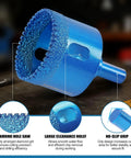 Close-up of a blue diamond hole saw from the Diamond Hole Saw Kit 10 Piece Brazed Diamond Tile Drill Bits Set With EVA Guide Jig.