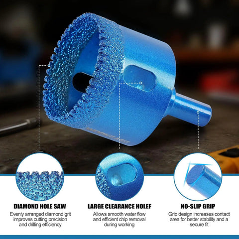 Close-up of a blue diamond hole saw from the Diamond Hole Saw Kit 10 Piece Brazed Diamond Tile Drill Bits Set With EVA Guide Jig.