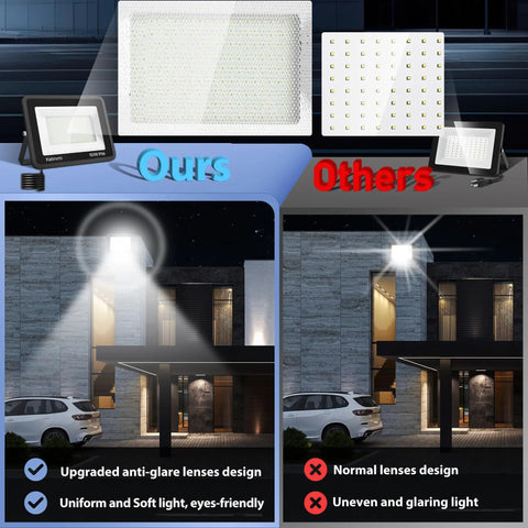 Comparison of 100 W Outdoor LED Flood Light 10000 Lm Warm White 4200K IP66 Waterproof highlighting anti-glare design versus others