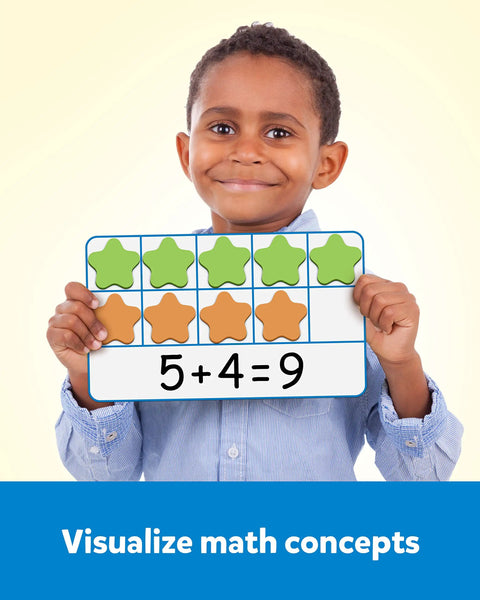 Child using Magnetic Ten Frame Set With Colorful Counters And Dry Erase Markers for hands-on math in kindergarten.