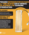 Upgraded Ice Maker Fill Tube Heater Replacement For Samsung Refrigerators displayed with compatible model numbers and part codes.
