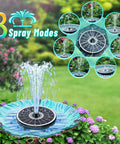 Remote Control Solar Water Fountain With IR Remote, 6W Solar Pump, 8 spray modes, in a garden showing water stream heights and nozzles