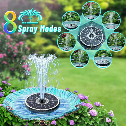 Remote Control Solar Water Fountain With IR Remote, 6W Solar Pump, 8 spray modes, in a garden showing water stream heights and nozzles