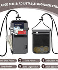 Travel Neck Wallet With Adjustable Strap And RFID Blocking Passport Holder open, showing compartments and passport in gray
