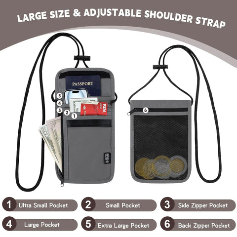 Travel Neck Wallet With Adjustable Strap And RFID Blocking Passport Holder open, showing compartments and passport in gray