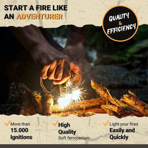 Hands using Fire Starter Survival Kit With 3 Eighth Inch Ferro Rod, Multi Tool Striker, Natural Fatwood Tinder to ignite in forest