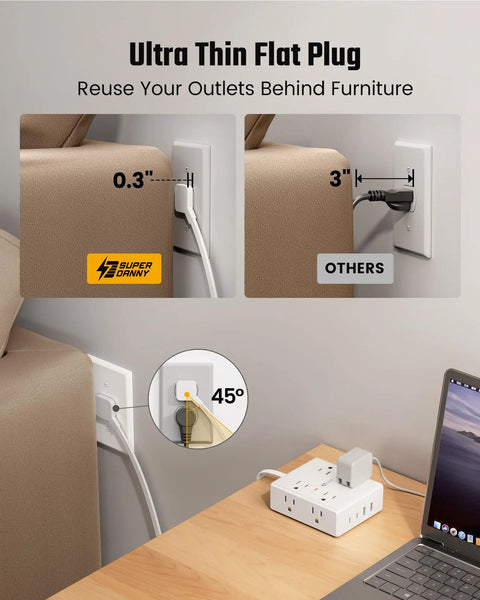 12 In 1 Surge Protector Power Strip With 15 Ft Flat Plug, 8 AC Outlets, 2 USB-C Ports, 2 USB-A Ports, 4-Side Design To Prevent Outlet Blockage, Overload Protection, Power Up Your Home Office And Entertainment Setup. 15 ft flat plug behind furniture