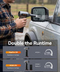Person using Beast-Mode MF200-2PK High-Pressure Air Duster With 2 Swappable Batteries And Hard Case on car mirror in the rain.
