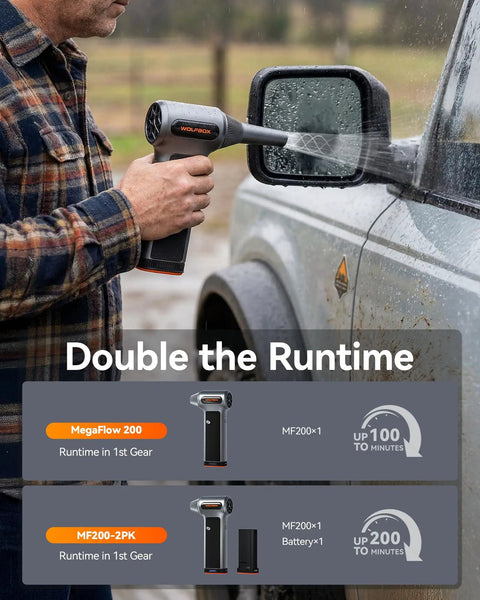 Person using Beast-Mode MF200-2PK High-Pressure Air Duster With 2 Swappable Batteries And Hard Case on car mirror in the rain.