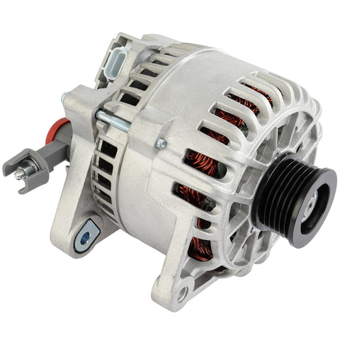 Beefed Up Alternator Compatible With Ford Escape Two Point Oh Liter 2001 Through 2004 And Ford Focus Two Point Oh Liter 2000 Through 2004 OE 8260N 8264N Replacement For Reliable Charging Easy Install Durable Output And Smooth Electrical System Operation showing side view with mounting brackets and pulley.