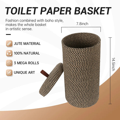 Dope Freestanding Toilet Paper Storage Stand In Natural Jute Weave with lid, 3 mega rolls capacity, boho chic design, 14.5 in tall.