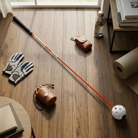 Indoor Golf Swing Trainer 47 Inch With Audio Feedback Perfect For Home Office And Living Room on a wooden floor