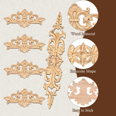 Top Shelf 16 Piece Hand Carved Wood Appliques Set featuring slick unpainted embellishments, showcasing various designs in natural wood.