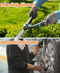 Top image: person using gardening shears with gloves. Bottom image: individual working on car wheel with gloves.