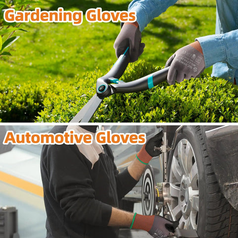 Top image: person using gardening shears with gloves. Bottom image: individual working on car wheel with gloves.