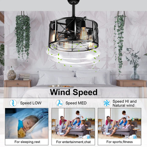 18 Inch Caged Ceiling Fan With Light And Remote Dope Industrial Farmhouse Style Modern Flush Mount in bedroom setting