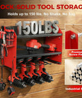 Red Heavy Duty Power Tool Organizer Wall Mount With Charging Station, 3 Layer Garage Tool Storage For Over 50 Tools, 4 Cordless Drill Holders, 8 Outlet Power Strip displayed in garage setting.