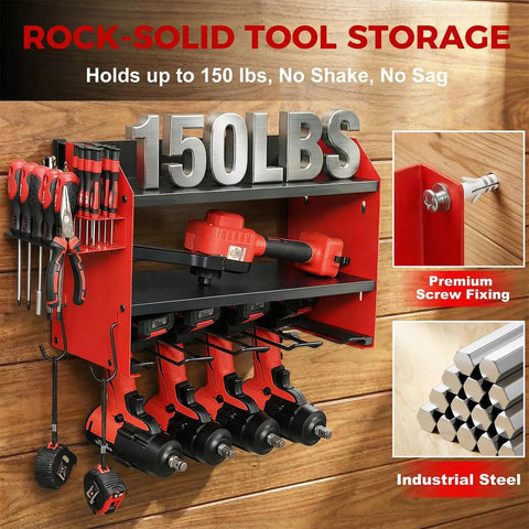 Red Heavy Duty Power Tool Organizer Wall Mount With Charging Station, 3 Layer Garage Tool Storage For Over 50 Tools, 4 Cordless Drill Holders, 8 Outlet Power Strip displayed in garage setting.