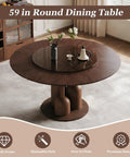 High Grade Oak Wabi Sabi Round Dining Table With 35 Inch Tempered Glass Lazy Susan And Walnut Detail, 59 inch round design.