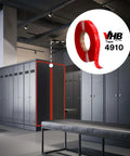 Heavy-Duty Clear Mounting Tape 3/4 in x 15 yd, 40 mil (0.040 in / 1.02 mm) Double-Sided Foam Adhesive in locker room setting.