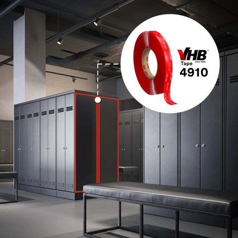 Heavy-Duty Clear Mounting Tape 3/4 in x 15 yd, 40 mil (0.040 in / 1.02 mm) Double-Sided Foam Adhesive in locker room setting.