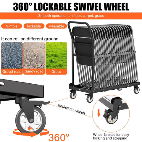Beast Mode Folding Chair Cart For 12 Chairs With 300 Lbs Capacity 4 Inch 360 Degree Swivel Wheels, shown holding chairs on various terrains.