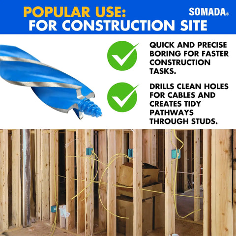 Woodworking Auger Drill Bit Set For Wood 4 Piece Includes 1/2 Inch 5/8 Inch 3/4 Inch And 1 Inch Sizes 6 Inch Long Quick Change Hex Shank For Impact Drills Built For DIY Pros shown with construction site usage.