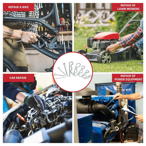 Collage showing uses of 558-Piece Cotter Pin And R-Pin Kit, Rust-Proof Stainless Steel With Smooth Edges, for bikes, mowers, cars, power equipment.