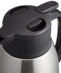 Close-up of Built Tough Stainless Steel Vacuum Carafe 1.5 Liter For Hot Or Cold Drinks, showing lid with one-touch pour spout.