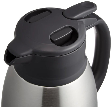 Close-up of Built Tough Stainless Steel Vacuum Carafe 1.5 Liter For Hot Or Cold Drinks, showing lid with one-touch pour spout.