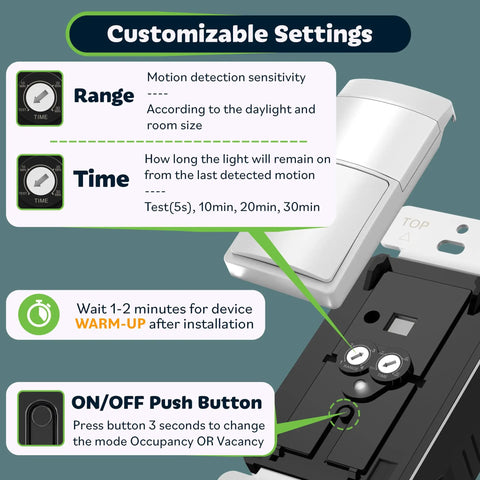 PIR Motion Sensor Light Switch With Smart Auto On Off, Occupancy And Vacancy Detection, adjustable settings close-up
