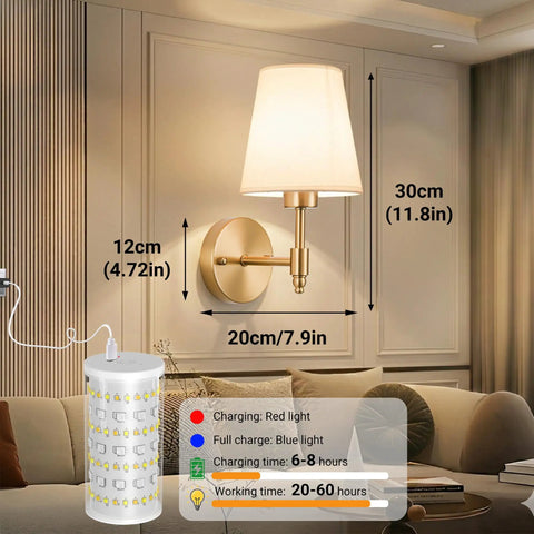 Wireless Battery Operated Wall Sconces Set Of 2 With Peel And Stick Indoor Lights No Wiring Nonsense Needed Super Bright Renter Friendly Home Decor Upgrade Package mounted on wall with measurements and charging details.