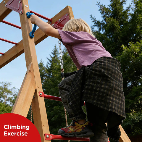 Child climbing on backyard playground swing set with monkey bar and belt swings for kids, outdoor playset with trapeze bar and climbing frame.