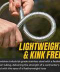 Close-up of a stainless-steel coiled garden hose being held by hands outdoors