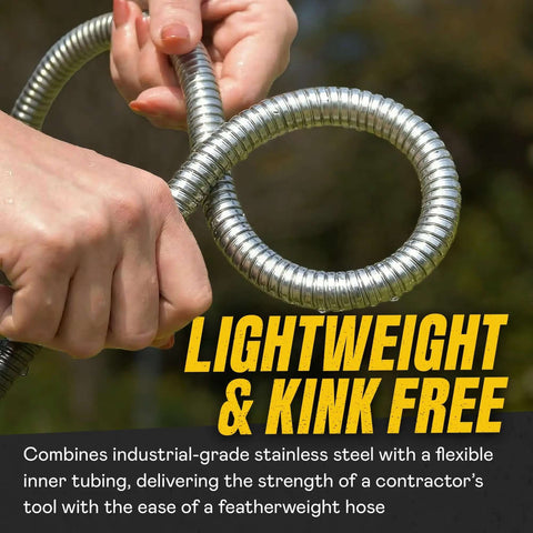 Hands holding a Stainless Steel Garden Hose With Sprayer Nozzle, demonstrating its lightweight kink-free design.