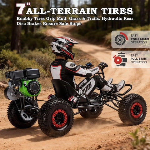 Gas Powered Go Kart With 4 Stroke Engine And CVT, 7 Inch All Terrain Tires, Heavy Duty Steel Frame, rider on dirt trail