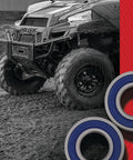 Closeup of Wheel Bearing Seal Kit 25-1092 with ABEC 3 bearings for Yamaha Dirt Bikes and mud-covered off-road vehicle in background.