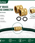 Heavy Duty 3/4 Inch Solid Brass Garden Hose Connector Set With Double Female Ends And Spare Washers, showing connectors and washers.