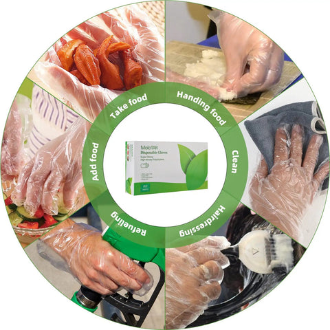500 Pack Clear Disposable Gloves for Cleaning and Food Prep, One Size Fits Most, shown in various daily use scenarios