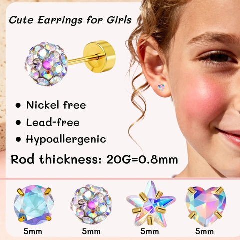 Four Pairs Hypoallergenic Flat Back Earrings For Sensitive Ears In 316L Stainless Steel Screw Back Set With CZ Balls Hearts Stars And Cute FlatBack Studs For Women Go To Everyday Wear. 5mm heart stud