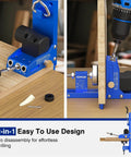 Pocket Hole Jig Kit For Five Eighths Inch To Two Inch Range, Adjustable Pocket Screw Jig System with Vacuum Adapter in use on wood panel.
