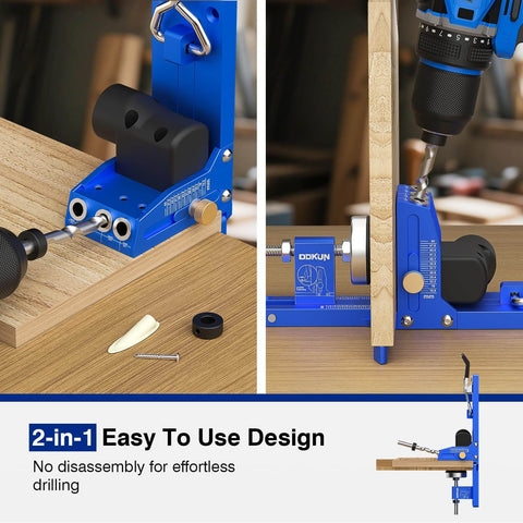 Pocket Hole Jig Kit For Five Eighths Inch To Two Inch Range, Adjustable Pocket Screw Jig System with Vacuum Adapter in use on wood panel.