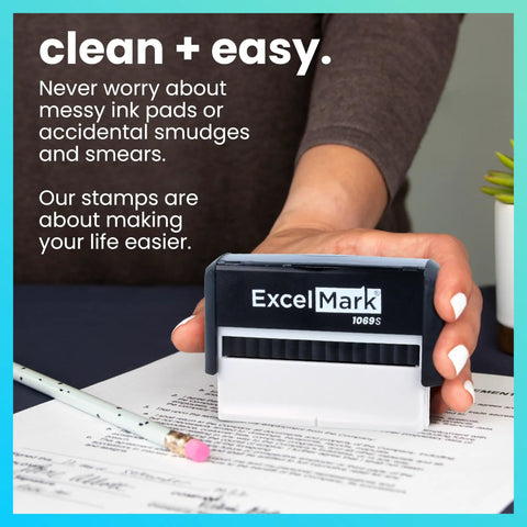Custom Long Self Inking Rubber Stamp Personalized One Line Office Supplies Re Inkable with documents and pen